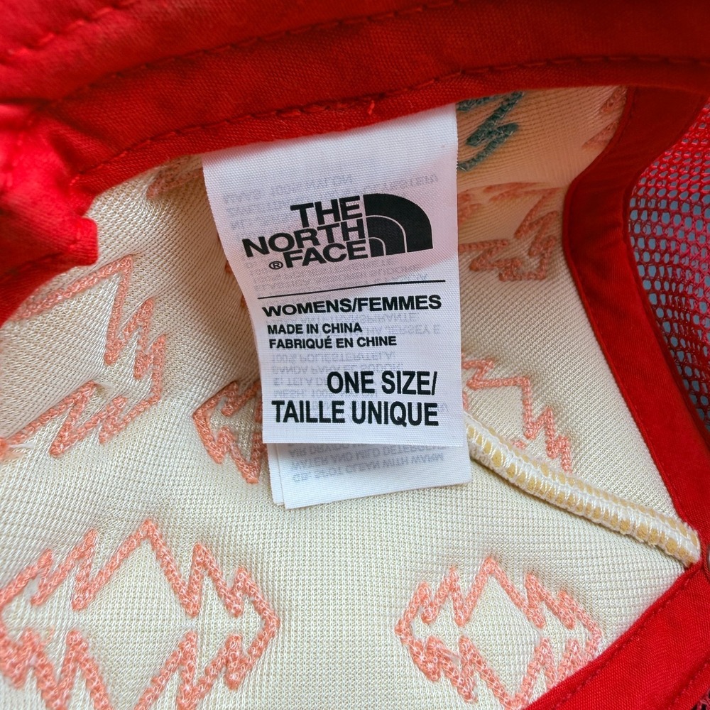 The North Face Trucker Cap Womens One Size Red Cream Mesh Pine Tree Snapback Hat - Picture 8 of 11